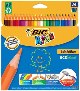 Карандаши цветные BIC "Kids ECOlutions Evolution", 24 цвета, пластиковые, заточенные, европодвес, 937515