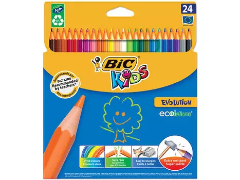 Карандаши цветные BIC "Kids ECOlutions Evolution", 24 цвета, пластиковые, заточенные, европодвес