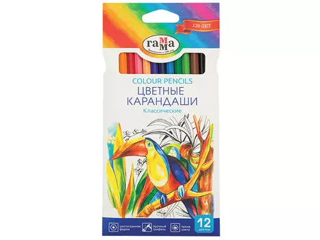 Карандаши цветные ГАММА "Классические", 12 цветов, заточенные, шестигранные, картонная упаковка