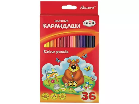Карандаши цветные ГАММА "Мультики", 36 цветов, заточенные, трехгранные, картонная упаковка