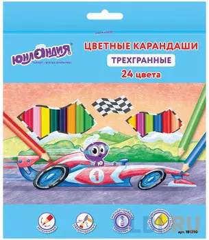 Карандаши цветные ЮНЛАНДИЯ "ЮНЛАНДИК БЫСТРЕЕ ВСЕХ", 24 цвета, трехгранные заточенные, 181390