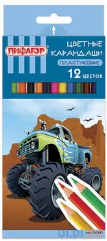 Карандаши цветные ПИФАГОР "БИГФУТ", 12 цветов, пластиковые, классические заточенные, 181342