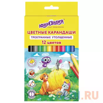 Карандаши цветные утолщенные ЮНЛАНДИЯ "СКАЗОЧНЫЙ МИР", 12 цветов, трехгранные, с ТОЧИЛКОЙ, 181370