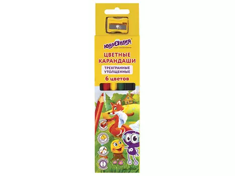 Карандаши цветные утолщенные ЮНЛАНДИЯ "СКАЗОЧНЫЙ МИР", 6 цветов, трехгранные, с точилкой