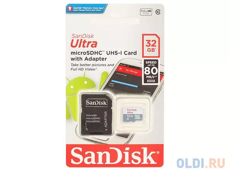 Карта памяти Micro SDHC 32Gb Class 10 Sandisk SDSQUNS-032G-GN3MA + адаптер