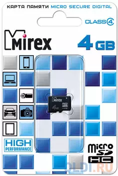 Карта памяти Micro SDHC 4GB Class 4 Mirex 13612-MCROSD04