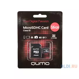 Карта памяти Micro SDHS 16GB class 10 Qumo с адаптером SD, черно-красная картонная упаковка