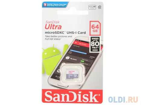 Карта памяти Micro SDXC 64Gb Class 10 Sandisk SDSQUNS-064G-GN3MN
