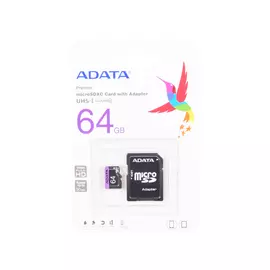 Карта памяти Micro SDXC 64Gb Class 10 A-Data AUSDX64GUICL10-RA1 + адаптер SD