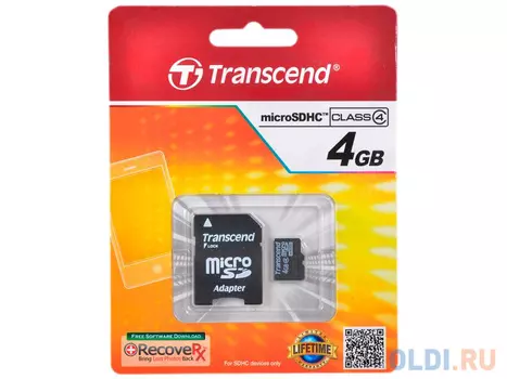 Карта памяти MicroSDHC 4GB Transcend Class4 + Адаптер (TS4GUSDHC4)