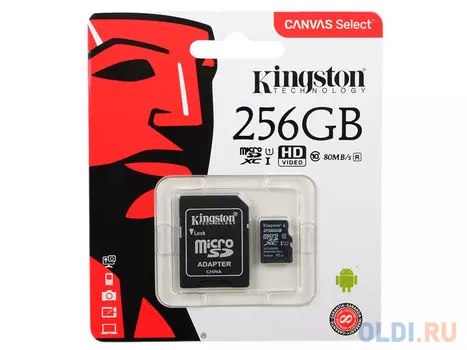 Карта памяти MicroSDXC 256GB Kingston Canvas Select 80R CL10 UHS-ISP с адаптером (SDCS/256GB)