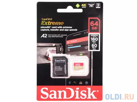 Карта памяти МicroSDXC 64Gb Class10 Sandisk SDSQXA2-064G-GN6MA Extreme + adapter