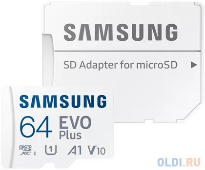 Карта памяти microSDXC UHS-I U1 Samsung EVO PLUS 64 ГБ, 130 МБ/с, Class 10, MB-MC64KA, 1 шт., переходник SD