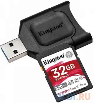 Карта памяти SDHC Kingston Canvas React Plus, 32 Гб, UHS-II Class U3 V90, с USB-ридером