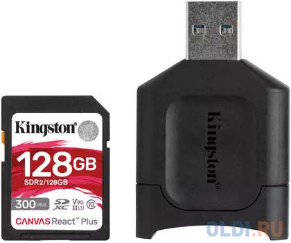 Карта памяти SDXC Kingston Canvas React Plus, 128 Гб, UHS-II Class U3 V90, с USB-ридером