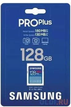 Карта памяти SDXC UHS-I U3 Samsung Pro PLUS 128 ГБ, 180 МБ/с, Class 10, MB-SD128S, 1 шт., без адаптера