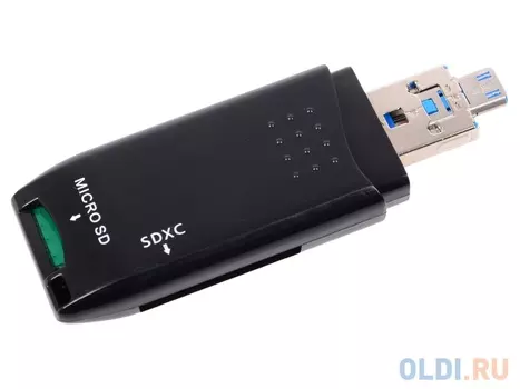 Картридер ORIENT CR-018B, USB 3.0, SDXC/SD 3.0 UHS-1/SDHC/microSD/T-Flash, поддержка OTG, выдвижной порт microUSB, черный