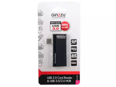 Картридер универсальный Ginzzu GR-561UB черный USB 2.0, SD/SDXC/SDHC/MMC, 2 слота - microSDXC/SDXC/SDHC + порт USB 3.0 + порт USB 2.0