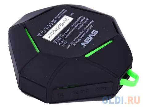 Колонки Sven PS-77, черный-зеленый,1.0, 5 Вт (RMS), Wateproof (IPx5), Bluetooth, microSD, FM-тюнер, встроенный аккумулятор 5 Вт, 120-20000 Гц, Bluetoo