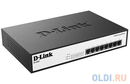 Коммутатор D-Link DES-1008P+/A1A Неуправляемый коммутатор с 8 портами 10/100Base-TX с поддержкой PoE 802.3af/802.3at (30 Вт), PoE-бюджет 140 Вт