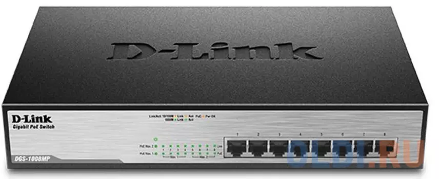 Коммутатор D-Link DGS-1008MP/B1A Неуправляемый коммутатор с 8 портами 10/100/1000Base-T с поддержкой PoE 802.3af/802.3at (30 Вт, PoE?бюджет 125 Вт), ф