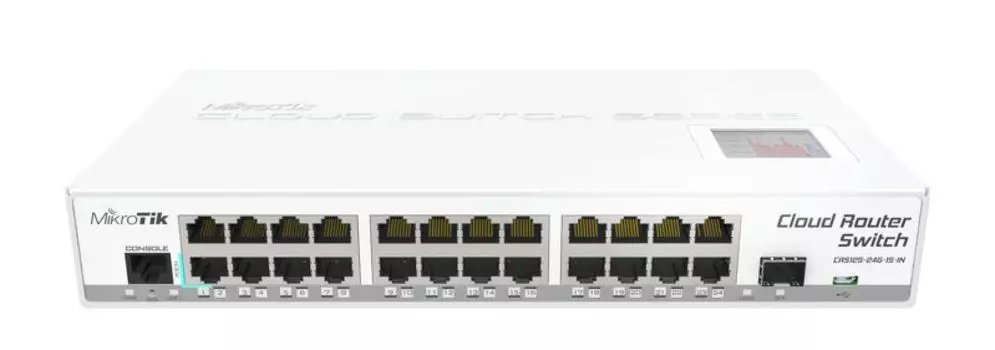 Коммутатор MikroTik CRS125-24G-1S-IN Cloud Router Switch 125-24G-1S-IN with Atheros AR9344 CPU, 128MB RAM, 24xGigabit LAN, 1xSFP, RouterOS L5, LCD pan