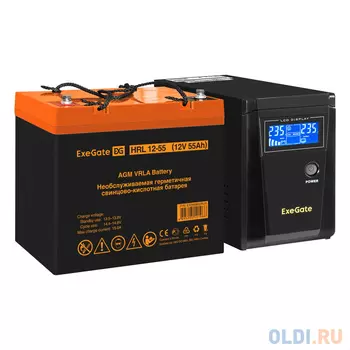 Комплект ИБП EX295986RUS + батарея 55Aч EX285652RUS 1шт (инвертор, синус, для котла) ExeGate SineTower SZ-600.LCD.AVR.1SH <600VA/360W, чистый синус