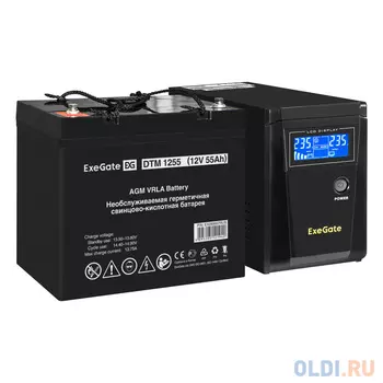 Комплект ИБП EX295986RUS + батарея 55Aч EX285667RUS 1шт (инвертор, синус, для котла) ExeGate SineTower SZ-600.LCD.AVR.1SH <600VA/360W, чистый синус