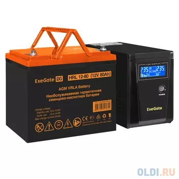 Комплект ИБП EX295986RUS + батарея 80Aч EX285654RUS 1шт (инвертор, синус, для котла) ExeGate SineTower SZ-600.LCD.AVR.1SH <600VA/360W, чистый синус