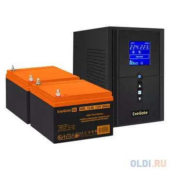 Комплект ИБП EX295987RUS + батарея 26Aч EX285663RUS 2шт (инвертор, синус, для котла) ExeGate SineTower SZ-1000.LCD.AVR.2SH.1C13.USB <1000VA/800W, ч