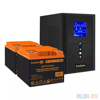 Комплект ИБП EX295987RUS + батарея 40Aч EX282979RUS 2шт (инвертор, синус, для котла) ExeGate SineTower SZ-1000.LCD.AVR.2SH.1C13.USB <1000VA/800W, ч