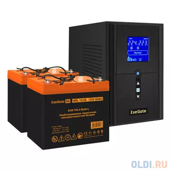 Комплект ИБП EX295987RUS + батарея 55Aч EX285652RUS 2шт (инвертор, синус, для котла) ExeGate SineTower SZ-1000.LCD.AVR.2SH.1C13.USB <1000VA/800W, ч