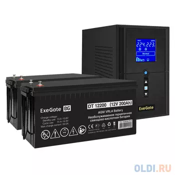 Комплект ИБП EX295988RUS + батарея 200Aч EX282991RUS 2шт (инвертор, синус, для котла) ExeGate SineTower SZ-1500.LCD.AVR.2SH.1C13.USB <1500VA/1200W,