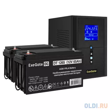 Комплект ИБП EX295988RUS + батарея 65Aч EX282980RUS 2шт (инвертор, синус, для котла) ExeGate SineTower SZ-1500.LCD.AVR.2SH.1C13.USB <1500VA/1200W,