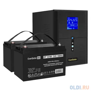 Комплект ИБП EX295989RUS + батарея 100Aч EX282985RUS 2шт (инвертор, синус, для котла) ExeGate SineTower SZ-2000.LCD.AVR.3SH.1C13.USB <2000VA/1600W,