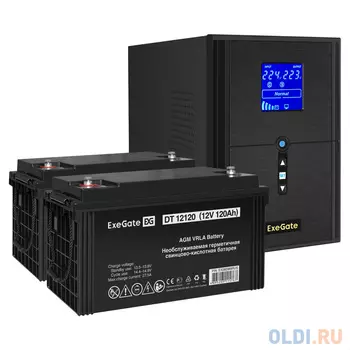 Комплект ИБП EX295989RUS + батарея 120Aч EX282988RUS 2шт (инвертор, синус, для котла) ExeGate SineTower SZ-2000.LCD.AVR.3SH.1C13.USB <2000VA/1600W,