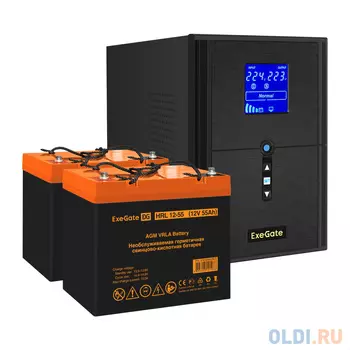 Комплект ИБП EX295989RUS + батарея 55Aч EX285652RUS 2шт (инвертор, синус, для котла) ExeGate SineTower SZ-2000.LCD.AVR.3SH.1C13.USB <2000VA/1600W,