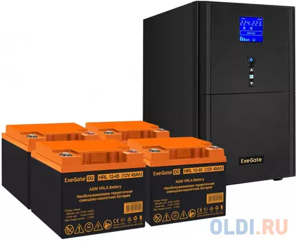 Комплект ИБП EX295991RUS + батарея 45Aч EX285666RUS 4шт (инвертор, синус, для котла) ExeGate SineTower SZ-5000.LCD.AVR.2SH.1C13.T.RJ.USB <5000VA/40