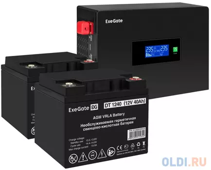 Комплект ИБП EX295994RUS + батарея 40Aч EX282976RUS 2шт (инвертор, синус, для котла, PF=1, настенный) ExeGate IdealSine SR-1500.LCD.2SH <1500VA/15