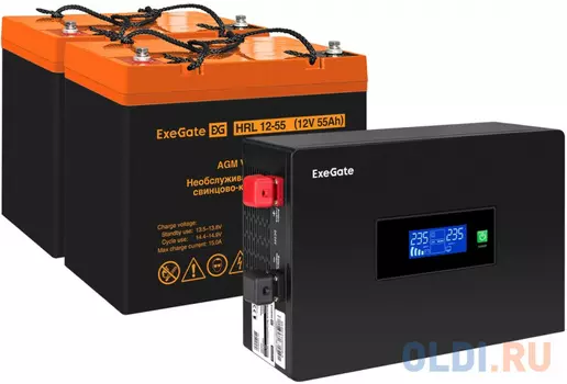 Комплект ИБП EX295994RUS + батарея 55Aч EX285652RUS 2шт (инвертор, синус, для котла, PF=1, настенный) ExeGate IdealSine SR-1500.LCD.2SH <1500VA/15