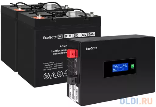 Комплект ИБП EX295994RUS + батарея 55Aч EX285667RUS 2шт (инвертор, синус, для котла, PF=1, настенный) ExeGate IdealSine SR-1500.LCD.2SH <1500VA/15