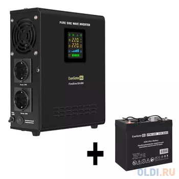 Комплект ИБП EX295996RUS + батарея 55Aч EX285667RUS 1шт (инвертор, синус, для котла, настенный) ExeGate FineSine SX-800.LCD.AVR.2SH <800VA/500W, чи