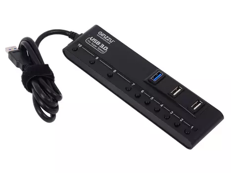 Концентратор USB3.0 HUB 10 портов(4xUSB 3.0 + 6xUSB 2.0) Ginzzu GR-380UAB с кнопками выключения портов, блок питания, черный