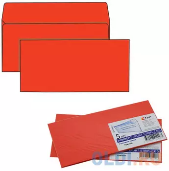 Конверты С65, комплект 5 шт., отрывная полоса STRIP, красные, упаковка с европодвесом, 114х229 мм, 206А.5