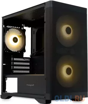 Корпус без блока питания/ HSPD M320, Mesh Mini-tower, Black, slide TG, 0.45 SPCC, 2x140mm ARGB+1x120mm ARGB mATX, mITX 160/340/184mm 2x2.5", 2x3.