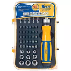 KRAFT Набор: реверсивная отвертка с насадками-битами и торцевыми головками 45 предметов [KT 700407]