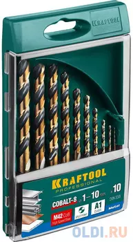 KRAFTOOL COBALT 10шт(1-10мм), Набор сверл по металлу HSS-Co(8%), сталь М42(S2-10-1-8)