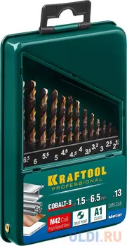 KRAFTOOL COBALT 13шт(1.5-6.5мм), Набор сверл по металлу HSS-Co(8%), сталь М42(S2-10-1-8)