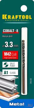 KRAFTOOL Cobalt, 3.3 х 65 мм, сталь М42, HSS-Co(8%), сверло по металлу (29656-3.3)