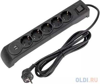 KRANZ Сетевой фильтр 5 гнезд, 3м, 3x1,5мм?, с автовыкл, 2 USB, черный 13-4702